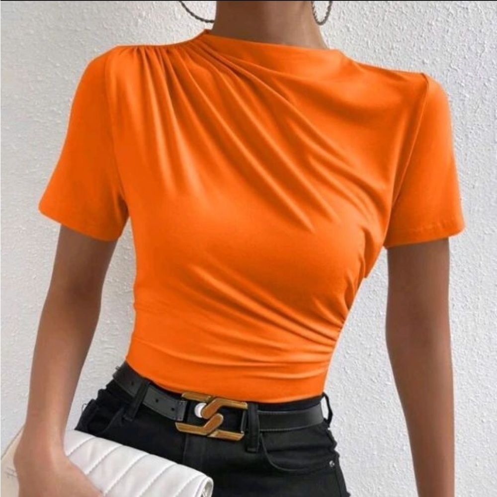 SHEIN Orange Solid Color Textured Lettuce Trim Shirt Size Large